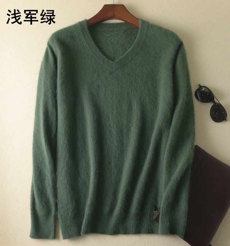 LHZSYY Men's 100% Mink Cashmere Large Size Sweaters Autumn Winter Solid V-neck Casual Knit Pullovers Men Long Sleeve Warm Jumper - Madeinsea©