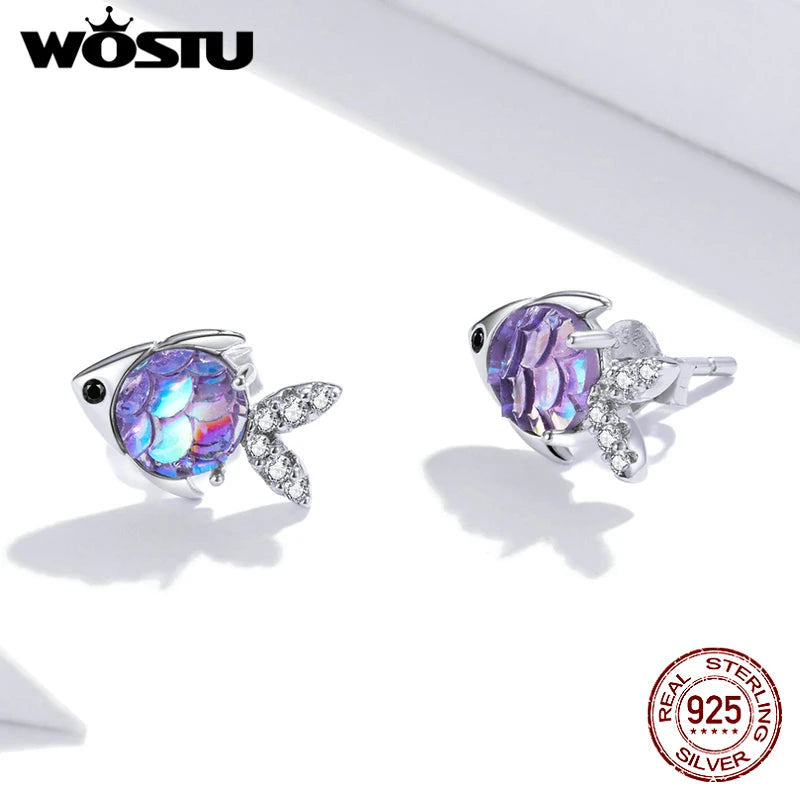 WOSTU 925 Sterling Silver Starfish Stud Earrings Blue Cubic Zircon Earrings For Women Fashion Silver 925 Jewelry CTE136