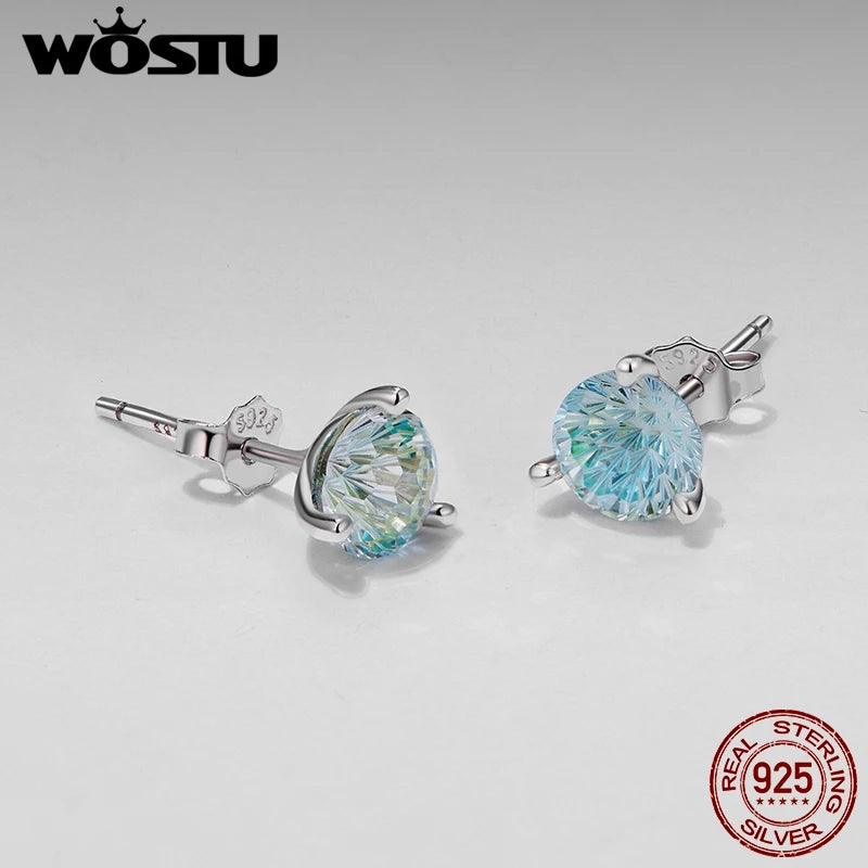 WOSTU 925 Silver 2CT Firework Zircon Stud Earrings For Women, Rainbow Blue Jewelry Gift Classical Round Ear Studs Wedding Gif
