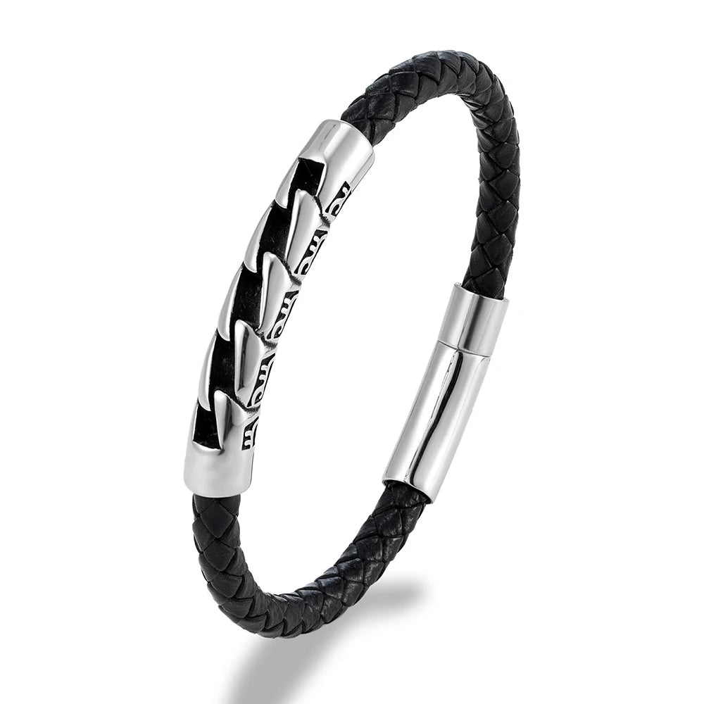 MKENDN Simple Style Braided Leather Bracelet Vintage Men Bicycle Chain Bracelet Stainless Steel Easy Buckle Male Jewelry