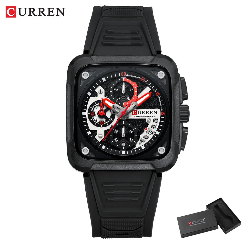 CURREN Men's Watches Brand Sporty Unique Square Dial with Chronograph Male Quartz Wristwatch with Silicone strap Waterproof
