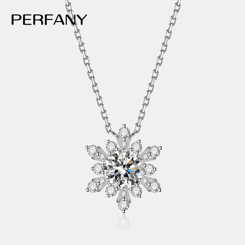 PERFANY 1CT moissanite necklace for women S925 pure silver snowflake design laboratory diamond pendant luxury party jewelry