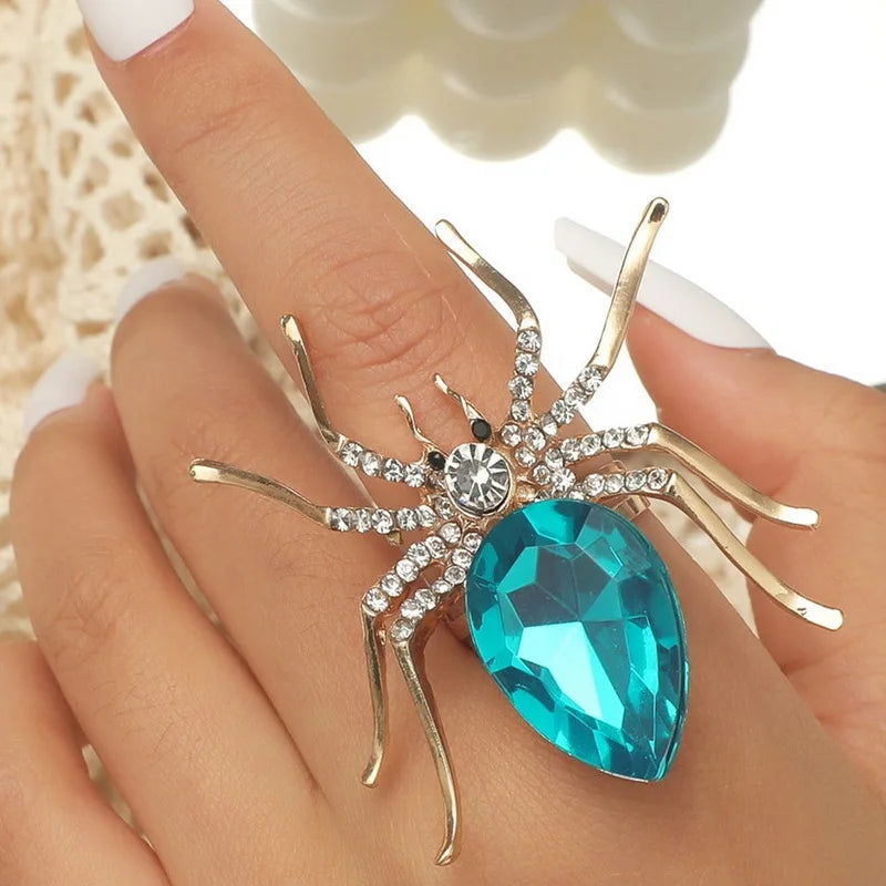 Gothic Punk Spider Insect Animal Rings For Women Men Creative Hip Hop Black Spider Inlaid Crystal Finger Ring Halloween Jewelry