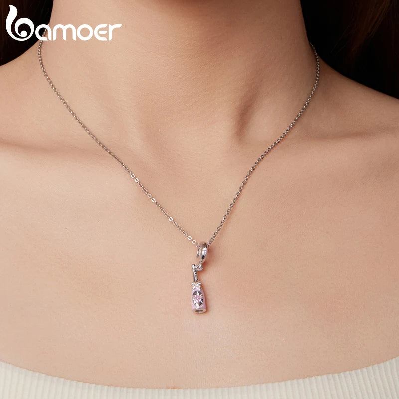 BAMOER 925 Silver Pink Party Series Pendant Transparent Bow Beads for Women Sweet Girl DIY Birthday Gift Jewelry Accessories