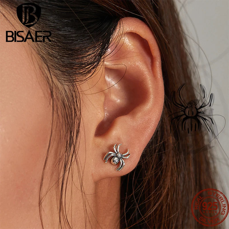 BISAER 100% 925 Sterling Silver Spider Jewelry Sets Animal Open Ring Eearrings For Women Party Halloween Gift Fine Jewelry