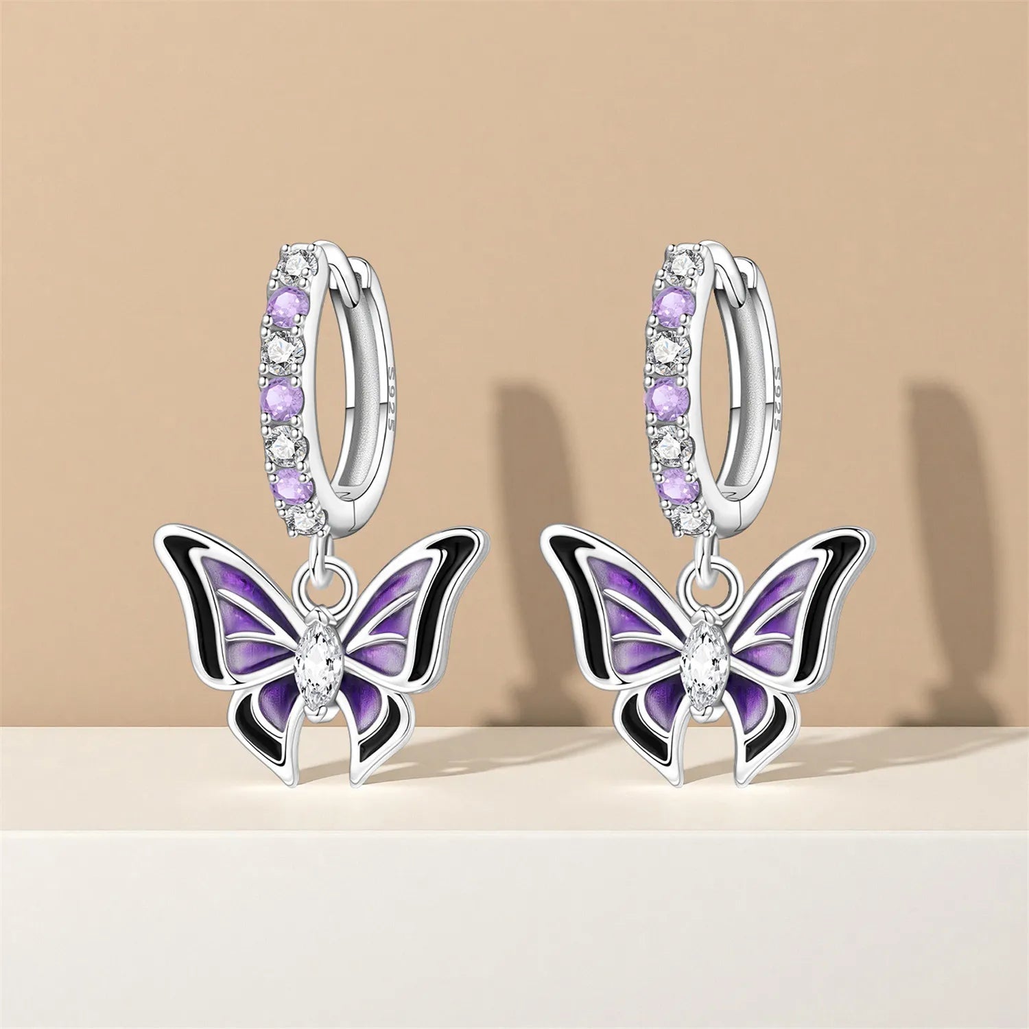 PANPOKI 925 Sterling Silver Purple Butterfly Insect Drop Earrings Women Earrings Charm Trend Versatile Party Jewelry Gifts