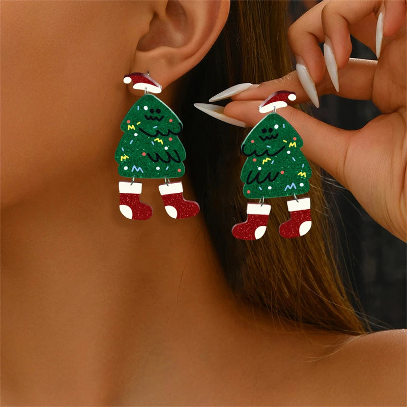 Christmas Gingerbread Man Santa Claus Asymmetrical Dangle Earring for Women Cute Xmas Hat Dog Kitten Acrylic Earrings Jewelry