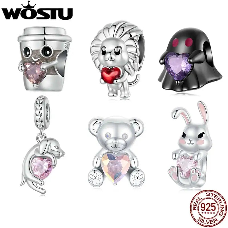 WOSTU S925 Sterling Silver Coffee Cup Bead Lion Bear Charm With Heart Zircon