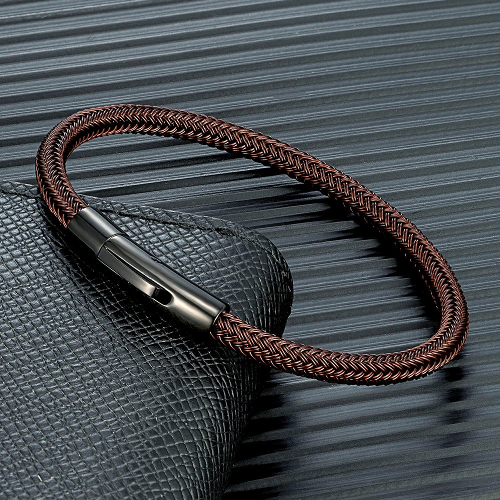 MKENDN Punk Simple Style Men Jewelry Coffee Non-fading Steel Wire Rope Bracelet Classic Cuff Charm Bracelet for Men Male Gifts