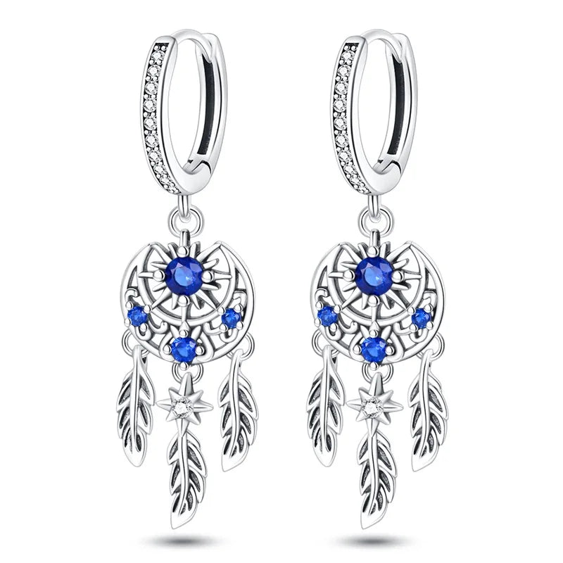 New 925 Silver Plated Shiny Dream Catcher Feather Earrings For Women Exquisite Butterfly Earrings Fashion Birthday Jewelry