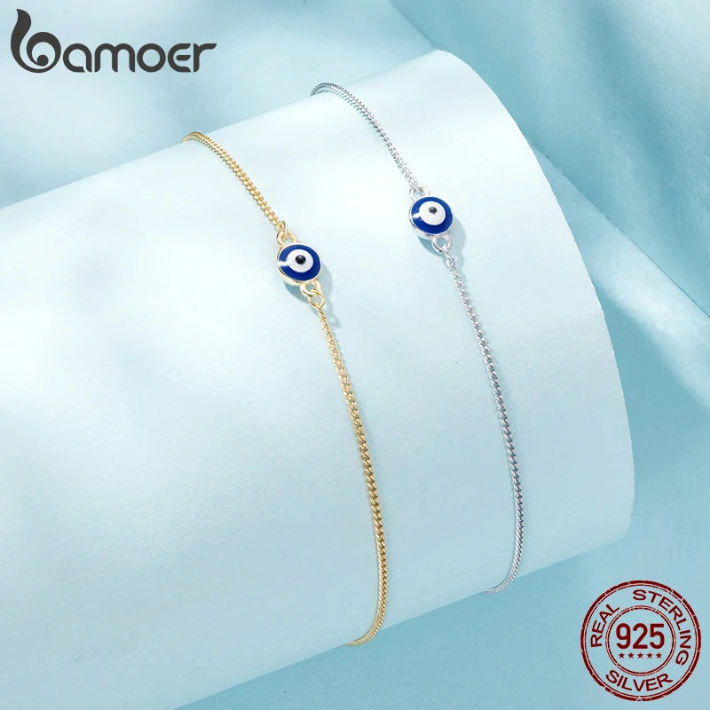 BAMOER 925 Sterling Silver Blue Evil Eye Charm Anklet for Women, Gold Plated Beach Party Trendy Jewelry Girl Guard Gift