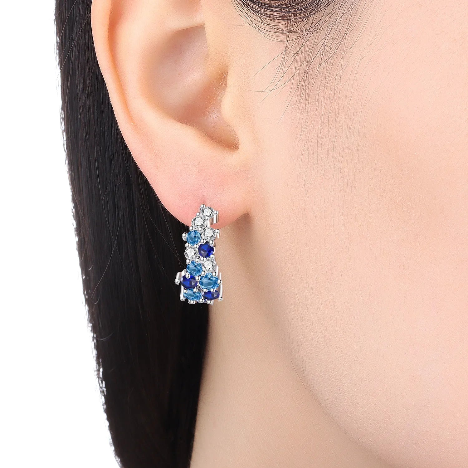 PANPOKI S925 Sterling Silver Blue Gradient Zircon Earrings Versatile Hoop Earrings For Women Jewelry Original Party Gifts