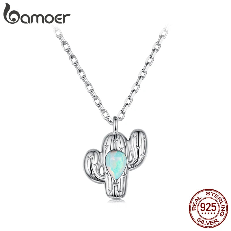 BAMOER Solid 925 Sterling Silver Dainty Cactus Pendant Necklace for Women, White Gold Plated Cute Opal Pendant Necklaces SCN536
