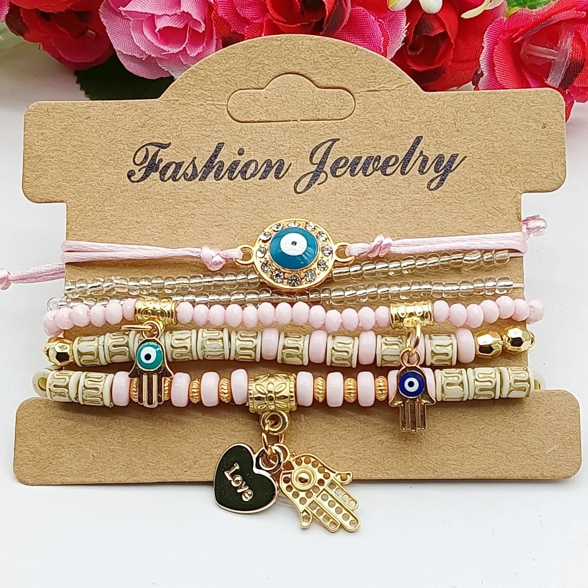 6Pcs Fatima Hand Evil Eye Bracelet Set For Women Heart Charm Beads Rope Chain Bangle Female Bohemian Handmade Jewelry