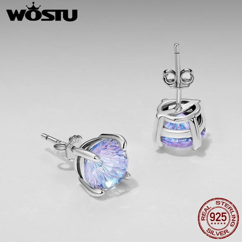 WOSTU 925 Silver Firework Zircon Stud Earrings For Women, Rainbow Purple Classical Round Ear Studs Wedding Gift Xmas Jewelry