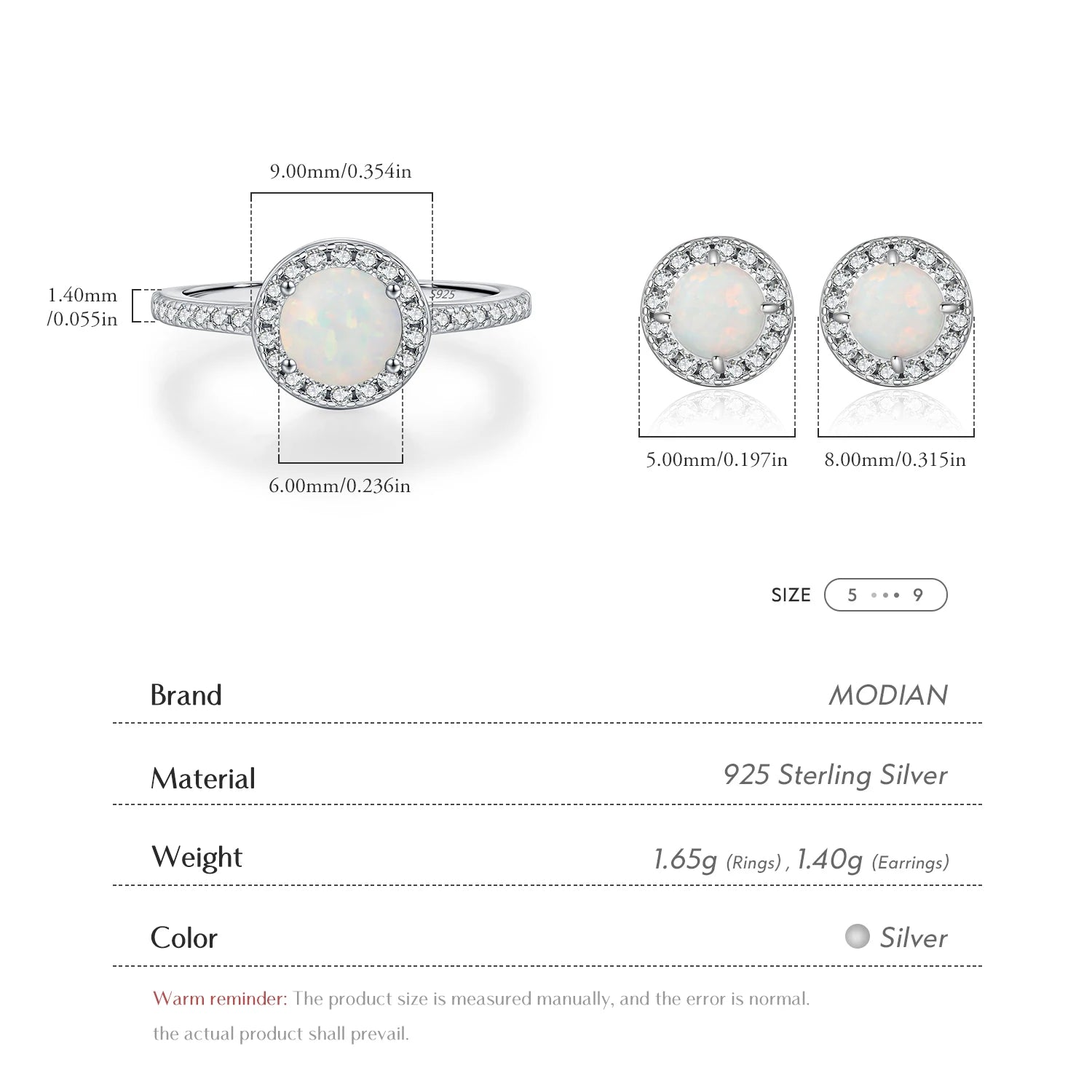MODIAN Hepburn Style Jewelry Sets 925 Sterling Silver Elegant Round Opal Stud Earrings Thin Finger Rings For Women