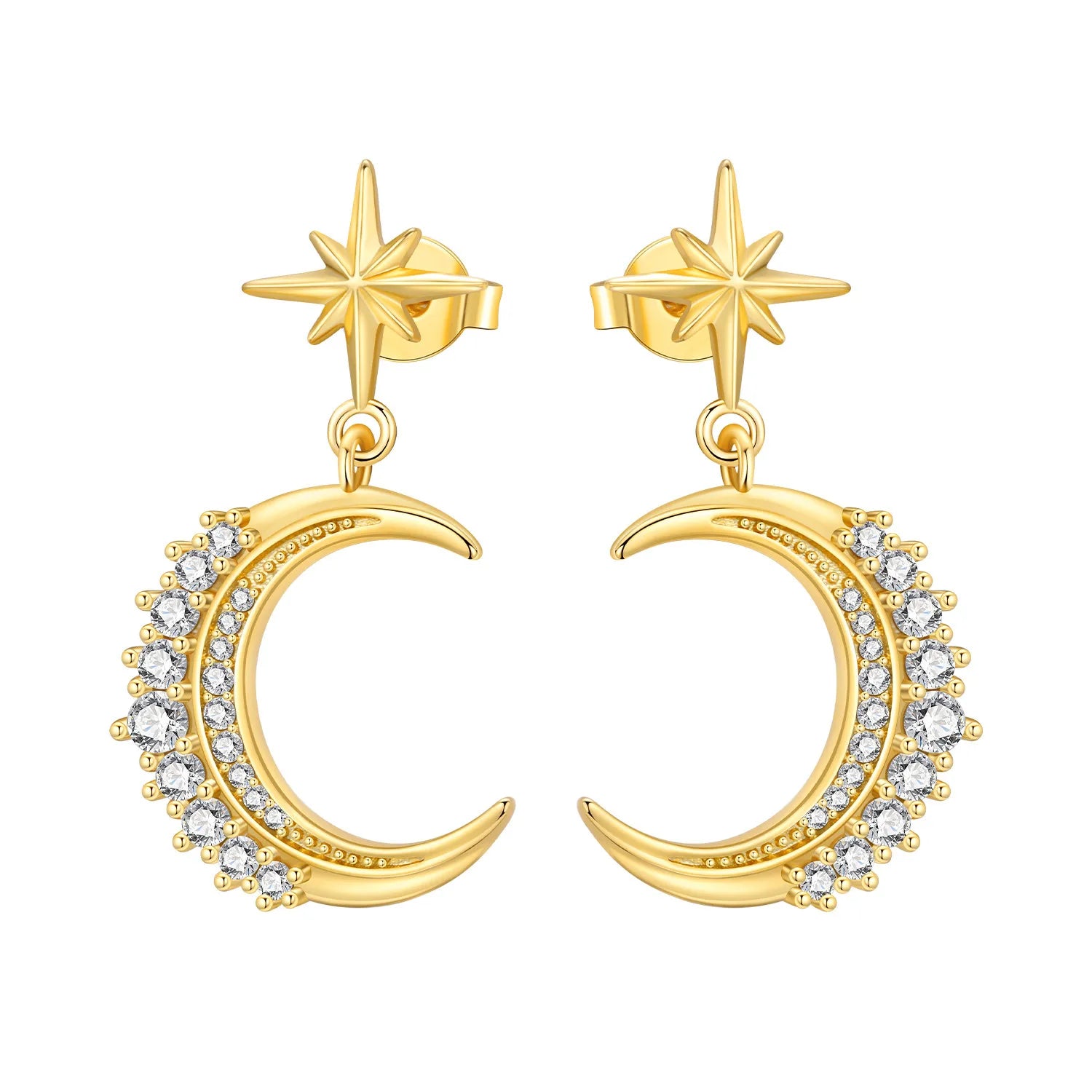 PANPOKI S925 Sterling Silver 18K Gold Sparkling Starry Moon Stud Earrings For Lady Jewelry Anniversary Trendy Original Gifts