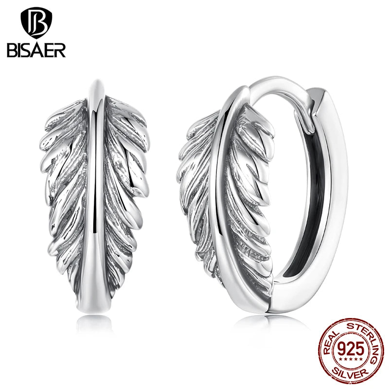 BISAER Real 925 Sterling Silver Retro Leaves Hoop Earrings Classic Hypoallergenic Earrings for Women & Girls Party Fine Jewelry