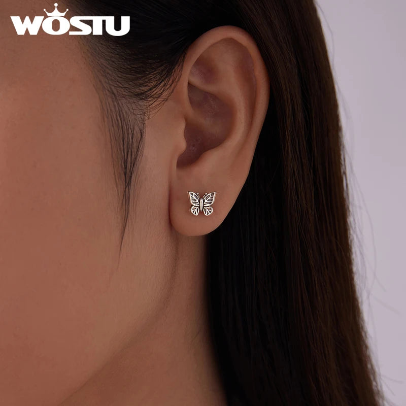 WOSTU Vintage 925 Silver Hollow Butterfly Stud Earrings For Women, Hypoallergenic Retro Ear Studs Pendient Family Lover Gift