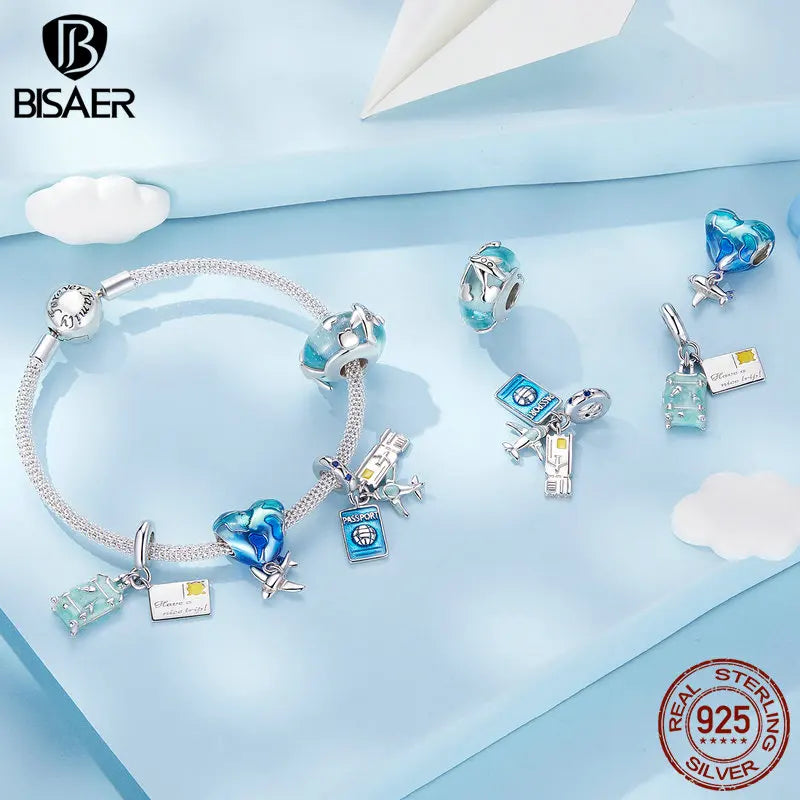 BISAER 925 Sterling Silver Flying Dragon Pendant Dream Bear Travel Plane Suitcase Charm Bead for Women DIY Bracelet Fine Jewelry