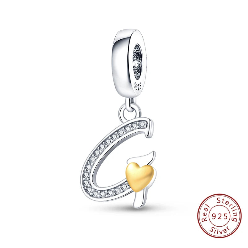 Classic 925 Sterling Silver 26 Gold Color Heart Zircon Letter A-Z Charms Beads Fit Original Bracelets DIY Birthday Jewelry Gift