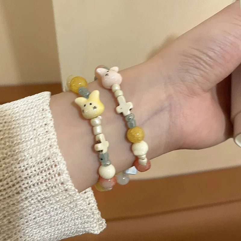 Handmade Ceramic Star Leaf Beaded Bracelet For Women Girls Cute Cartoon Animal Elephant Rabbit Beads Bangles Party Charm Jewelry