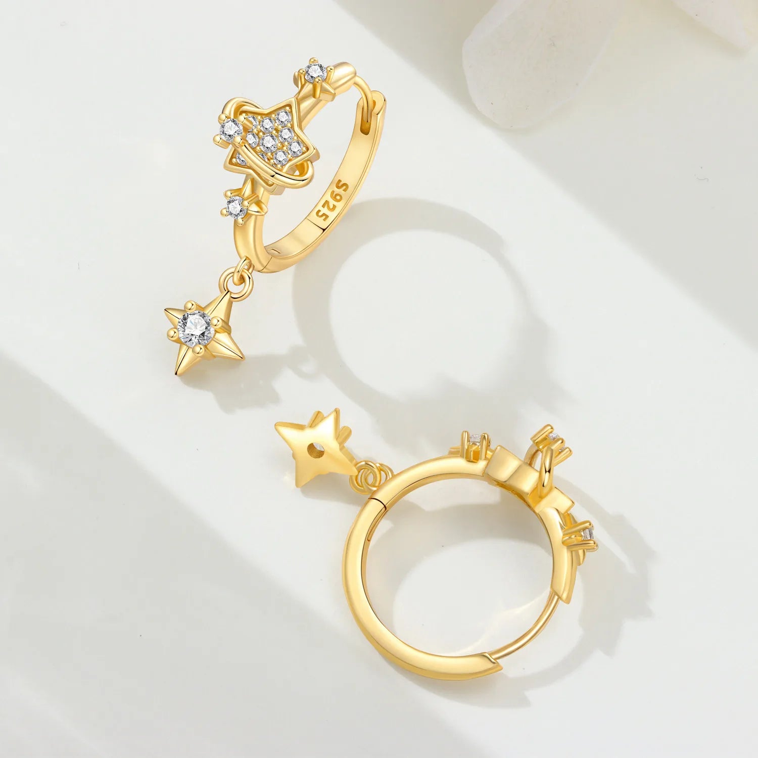 PANPOKI 925 Sterling Silver Golden Sparkling Stars Drop Earrings Women Earrings Charm Fashion Versatile Party Jewelry Gifts
