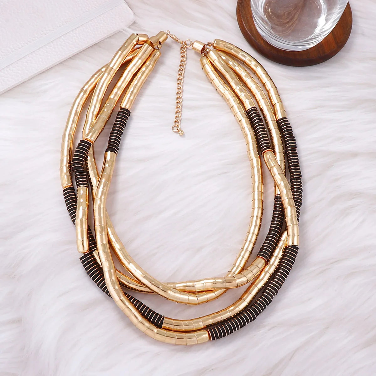 ZAA Personalized Retro Multi-layer Metal Bead Black Wood Necklace