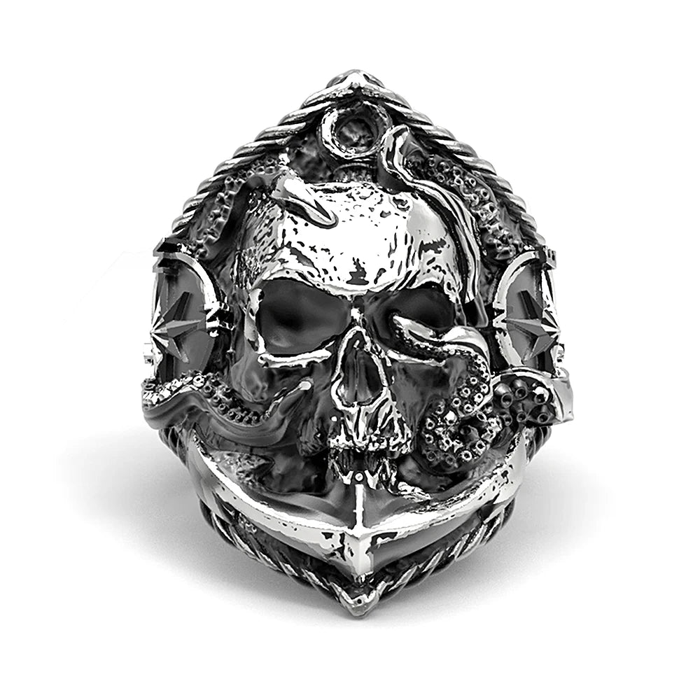 Unique Pirate Octopus Anchor Adsorption Compass Ring For Men 316L Stainless Steel Gothic Pirate Punk Skull Biker Ring Wholesale