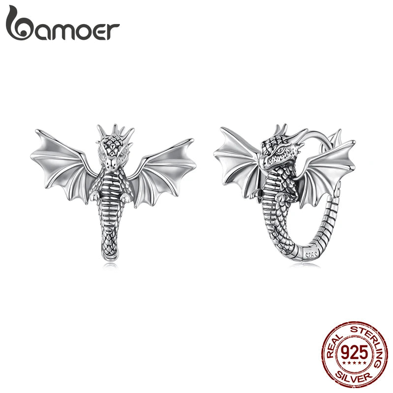 BAMOER Solid 925 Sterling Silver Flying Dragon Hoop Earrings for Women Teens Animal Huggie Earrings Hoop SCE1889