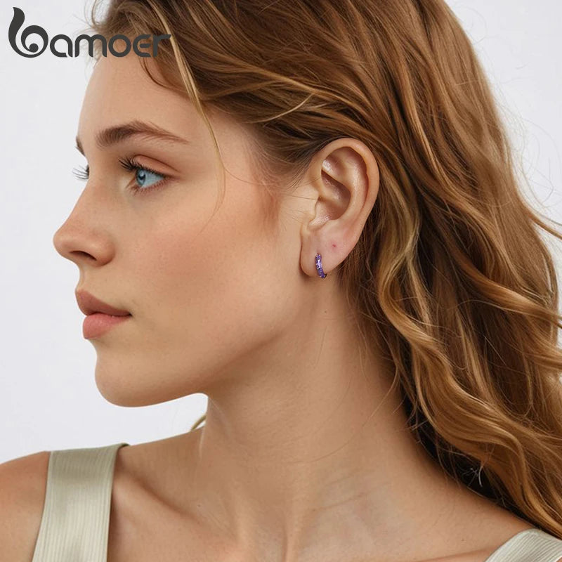 BAMOER 925 Sterling Silver Cute Purple Heart Hoops Earrings, Lightweight White Gold Plated Hoop Earrings for Women SCE1822