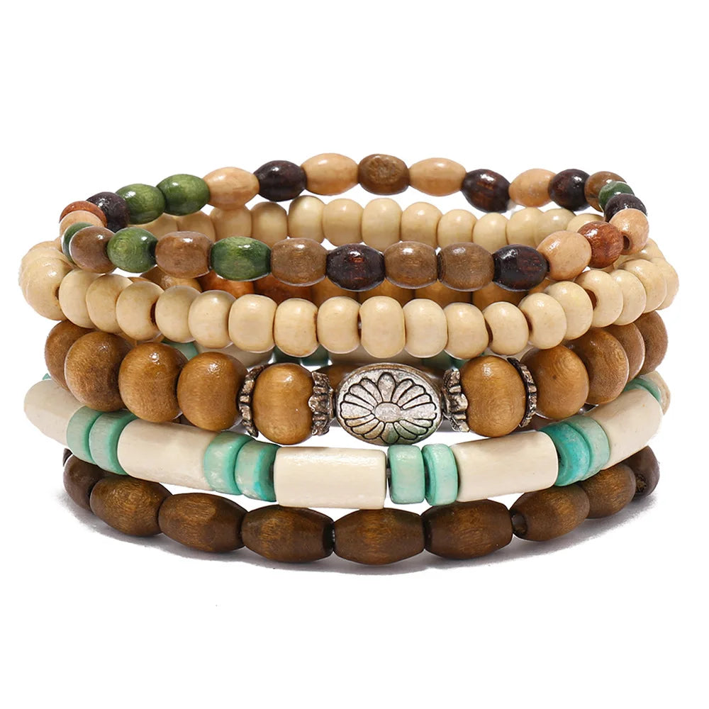 Lot de 4 à 5 bracelets ethniques en perles de bois avec breloques en forme d'arbre et de cactus, main de Fatima, papillon, style bohème, pour hommes et femmes, bijoux féminins