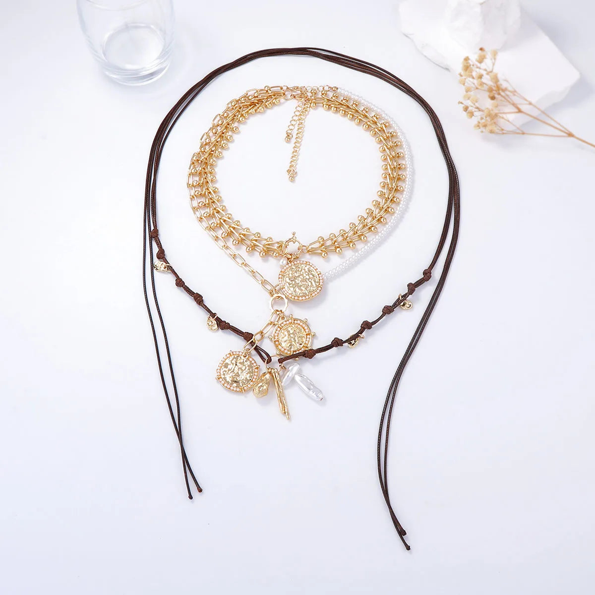 ZAA Retro Personalized Geometric Badge Imitation Pearl Pendant Women's Multi Layer Necklace