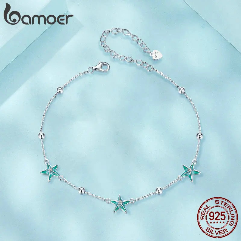 BAMOER 925 Sterling Silver Blue-green Seastar Charm Anklet Simple Chain Foot Jewelry for Women White Gold Plated Summer Jewelry