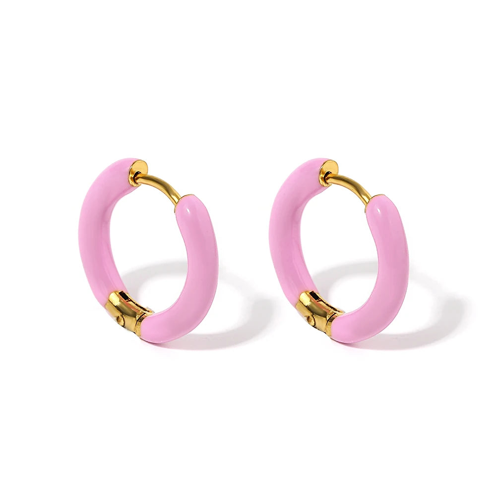 AENSOA Colorful Enamel Stainless Steel Hoop Earrings for Women Geometric Round Circle Earrings Trendy Gold Color Jewelry 2023