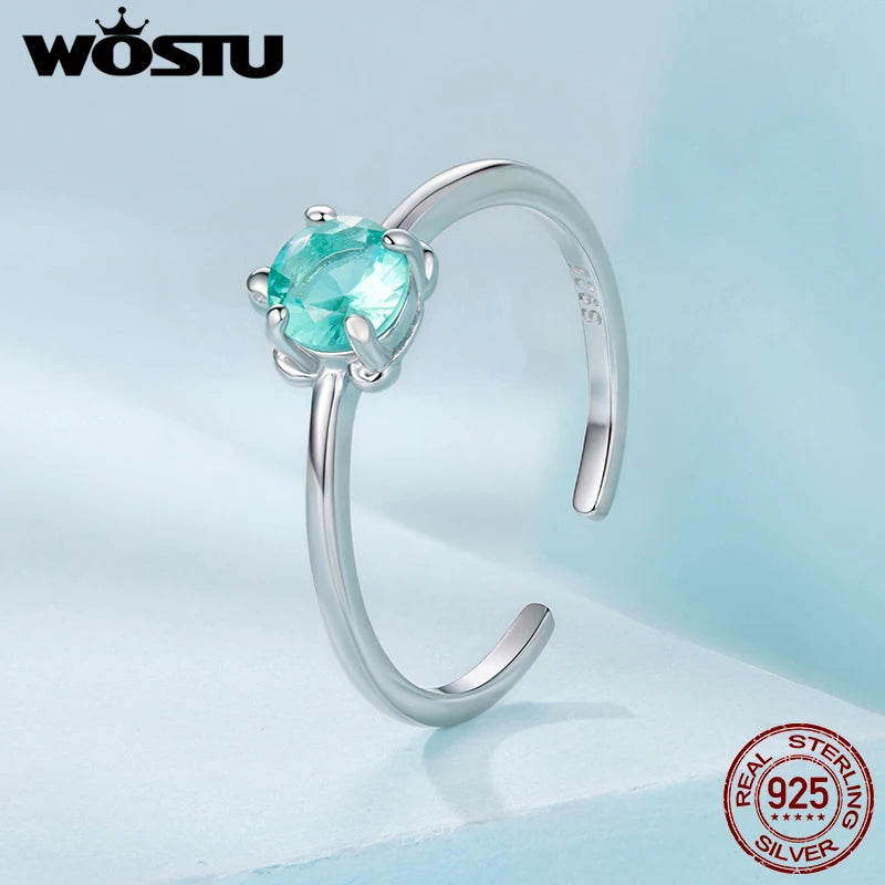 WOSTU S925 Silver Original Turtle Ring for Women, Cute Animal Stackable Tortoise Ring with Green Stone Adjustable Jewelry Gift