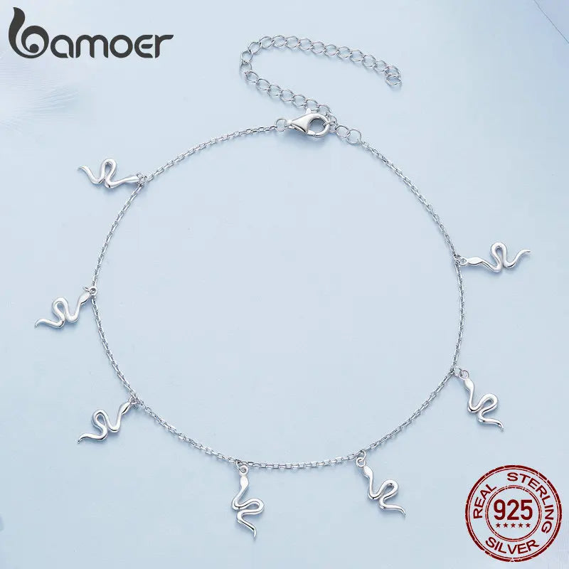 Bamoer Fußkettchen mit Schlangenanhänger aus echtem 925er Sterlingsilber, schlichter Fußschmuck für Frauen, platinbeschichtet, trendiger Sommerschmuck