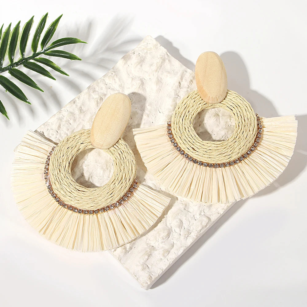AENSOA Handmade Woven Rattan Knit Raffia Wooden Drop Earrings for Women Bohemian Circular Fan Shaped Statement Earrings Jewelry