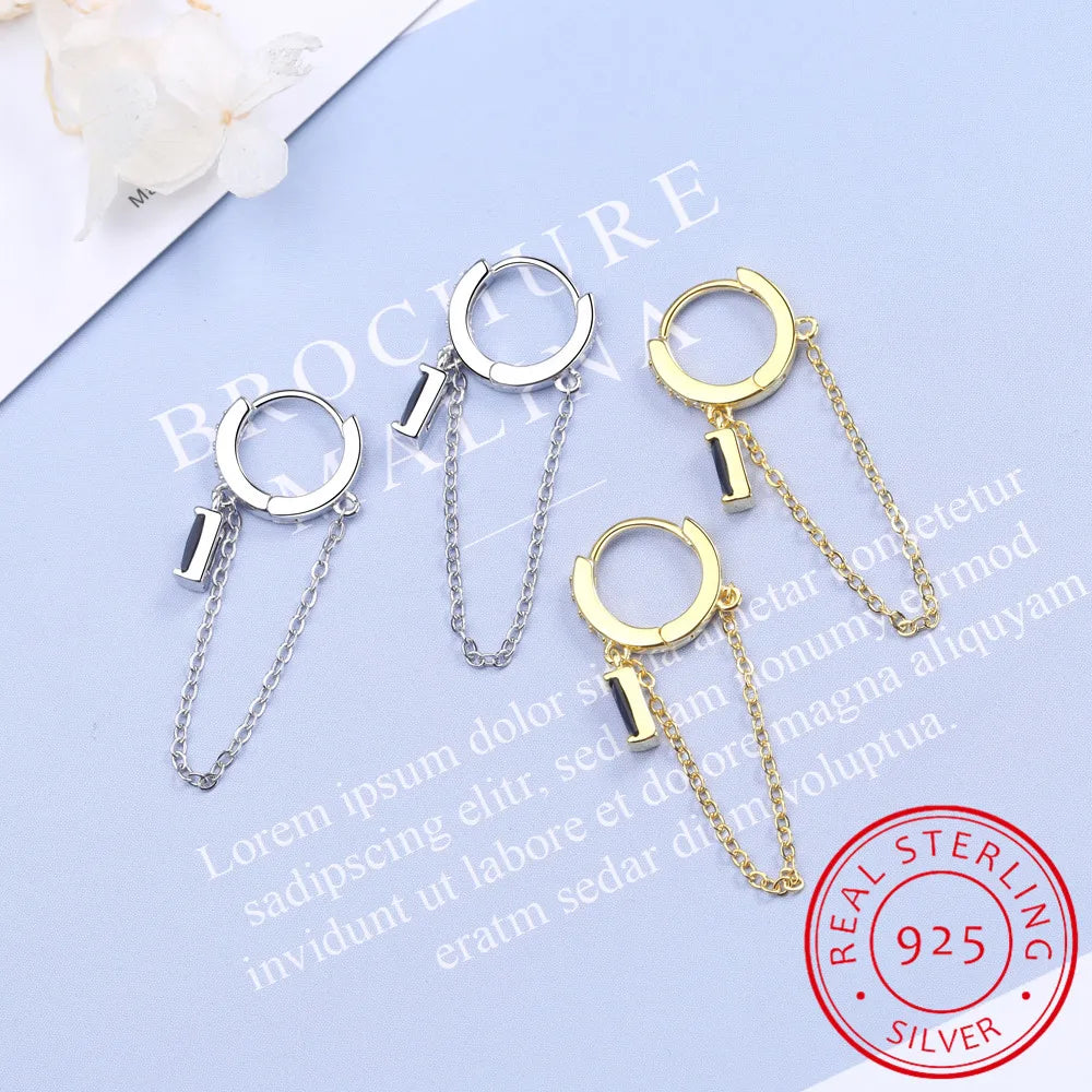 Boucles d'oreilles créoles en argent sterling 925 véritable, chaîne tendance, zircon noir, style huggy, pour femme, cadeau de mariage ou d'anniversaire, bijou raffiné DG0004
