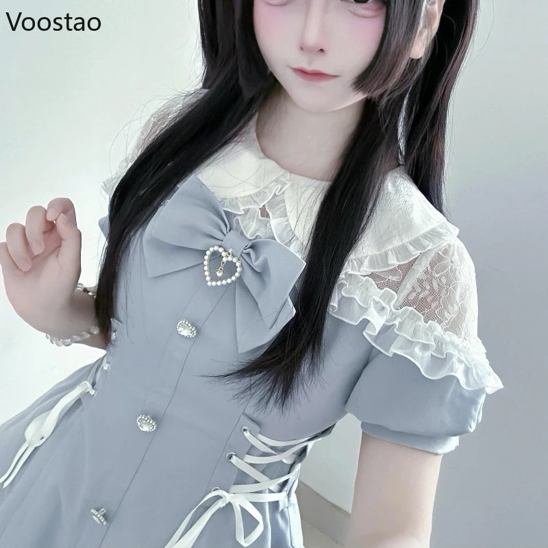 Japanese Style Sweet Bow Dress Shorts Set Women Kawaii Lace Puff Short Sleeve Shirt Dresses Female Gothic Y2k Lolita Outfits