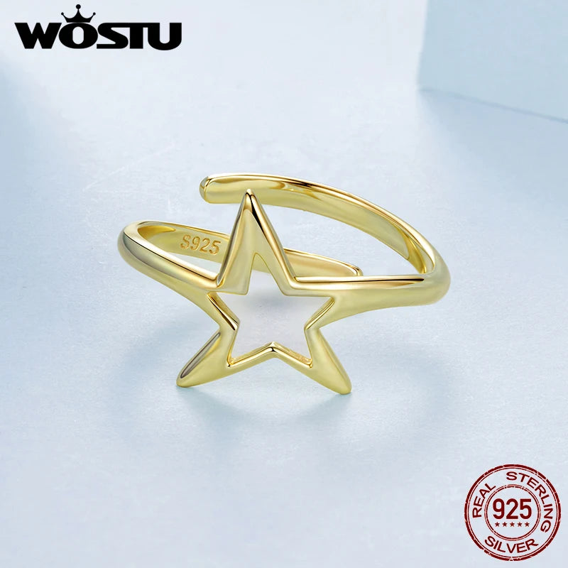 WOSTU Two Tone Gold 925 Sterling Silver Star Stackable Ring For Women , S925 Silver Open Rings Minimalist Unique Jewelry Gift