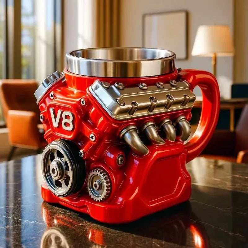 V8 Engines Stainless Steel Coffee Mug Funny V6 Car Engine Design Mug Coffee Cup Cocktail Mug Tea Cup For Car Enthusiasts