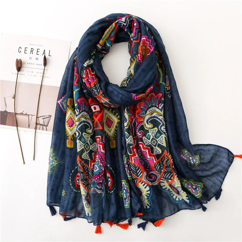 2024 Designer Brand Women Scarf Classical Print Lady Shawls Cotton Feeling Soft Oversize Hijabs Neck Headband Tassel Foulard