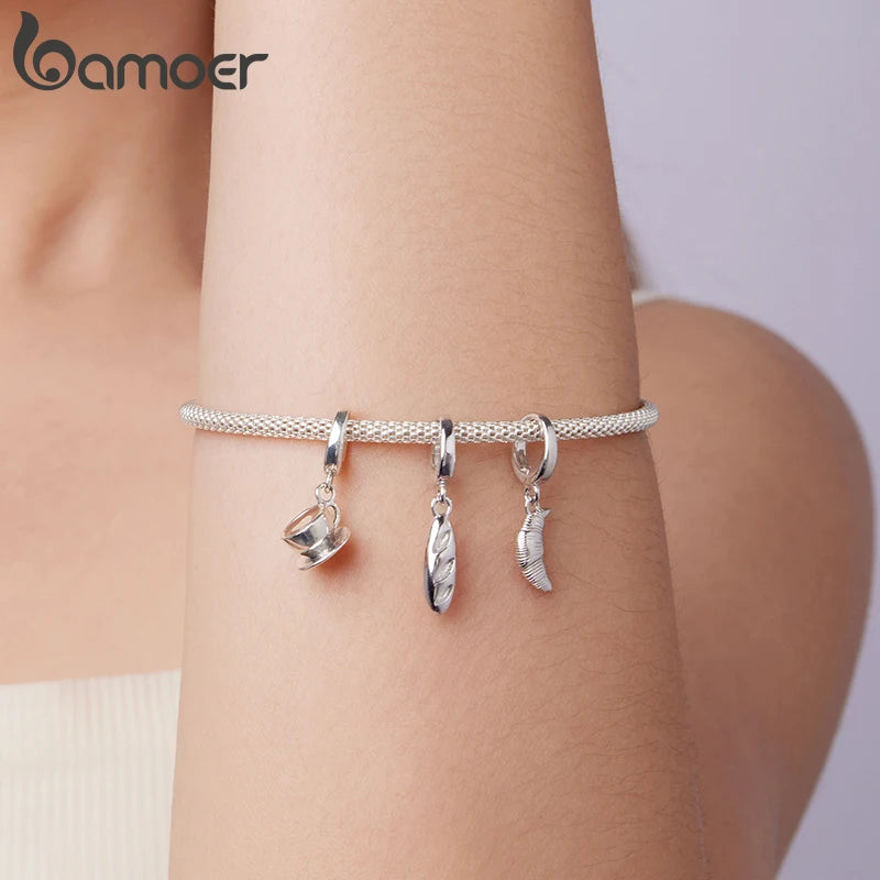 Bamoer 925 Sterling Silver Coffee Cup Clasp Pendant Sweet Dessert Beads Clips for Women Teen Bracelet Daily Jewelry Accessories