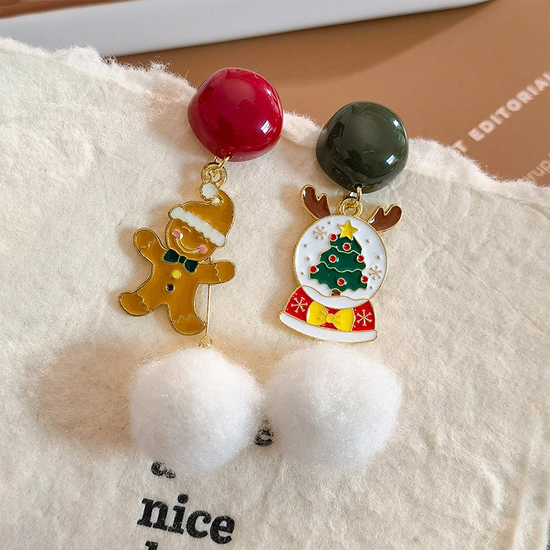 Christmas Snowflake Red Flocking Bowknot Drop Earrings for Women Xmas Cute Elk Snowman Hairball Long Earring Festival Jewelry