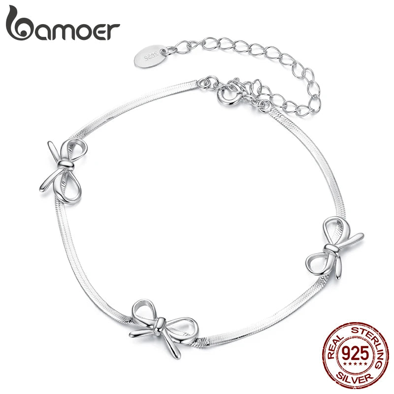 BAMOER Zartes Armband aus 925er Sterlingsilber mit süßer Schleife für Damen und Mädchen, filigranes Armband mit Schleife und Schlangenknochenkette SCB296