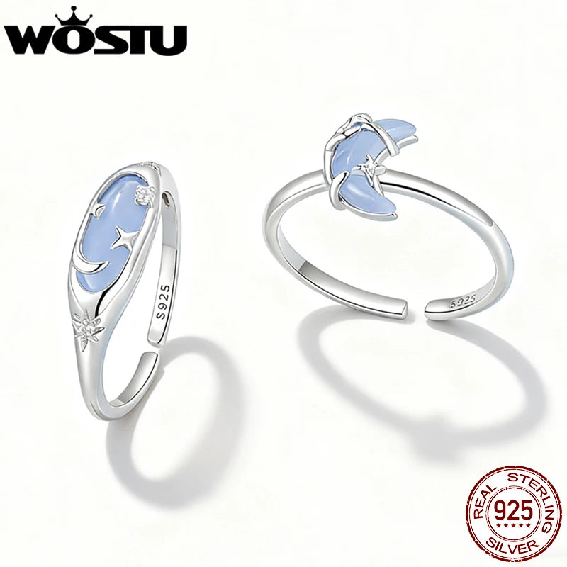 WOSTU 925 Sterling Silver Luminous Ring, Glow in The Dark Moon Star Ring for Women, Star Moon Minimalist Astronogy Lover Gift