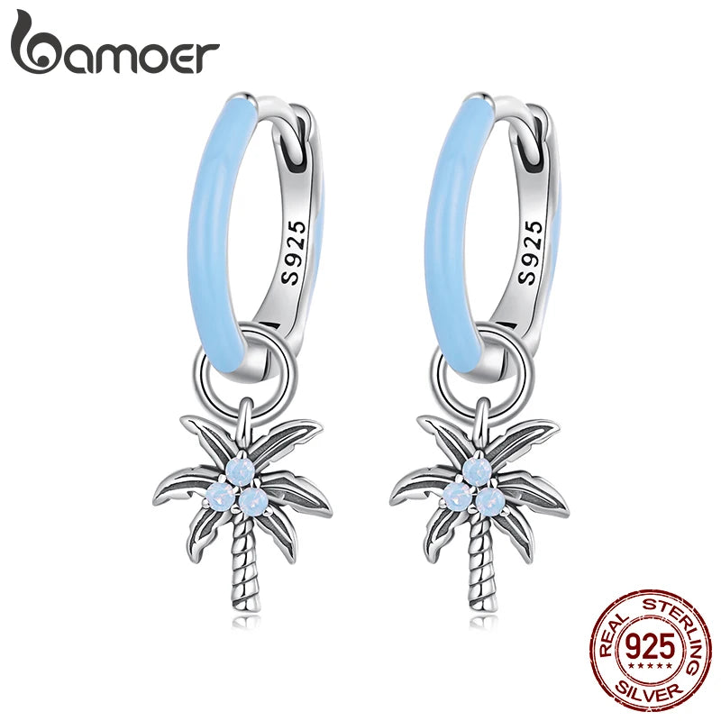 BAMOER 925 Sterling Silver Coconut Palm Tree Dangle Earring Summer Holiday Gift Beach Theme Jewelry Earrings for Women SCE1876