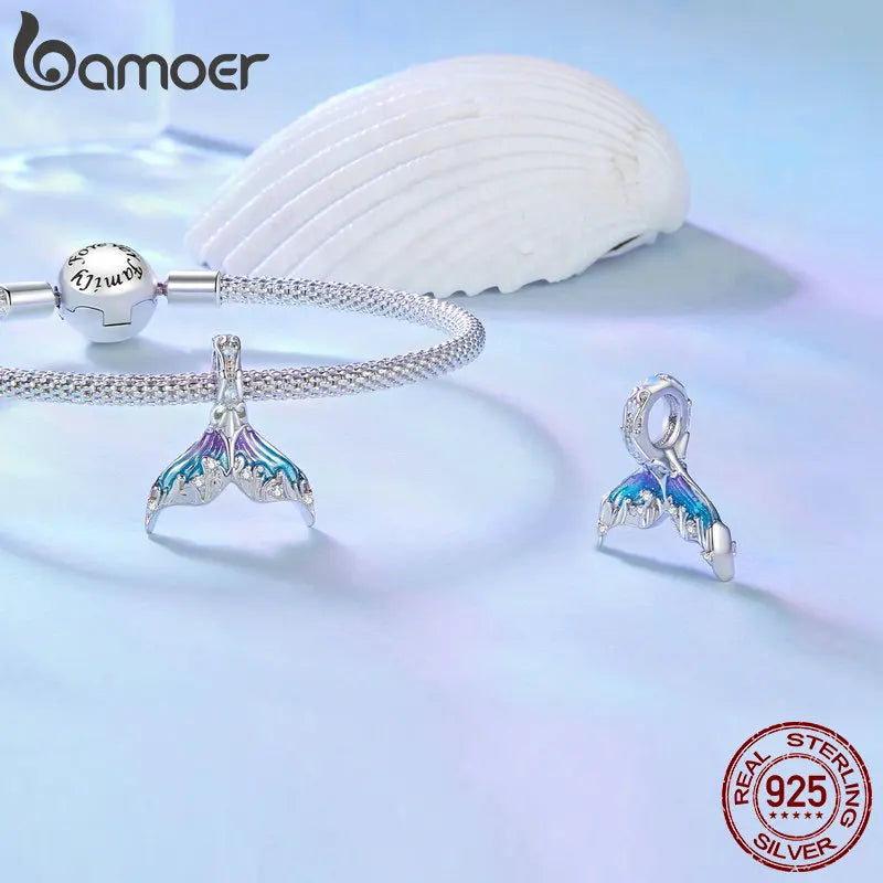 Bamoer 925 Sterling Silver Colorful Enamel Mermaid Tail Pendant Necklace Dainty Neck Chain for Women Valentine's Day Gift