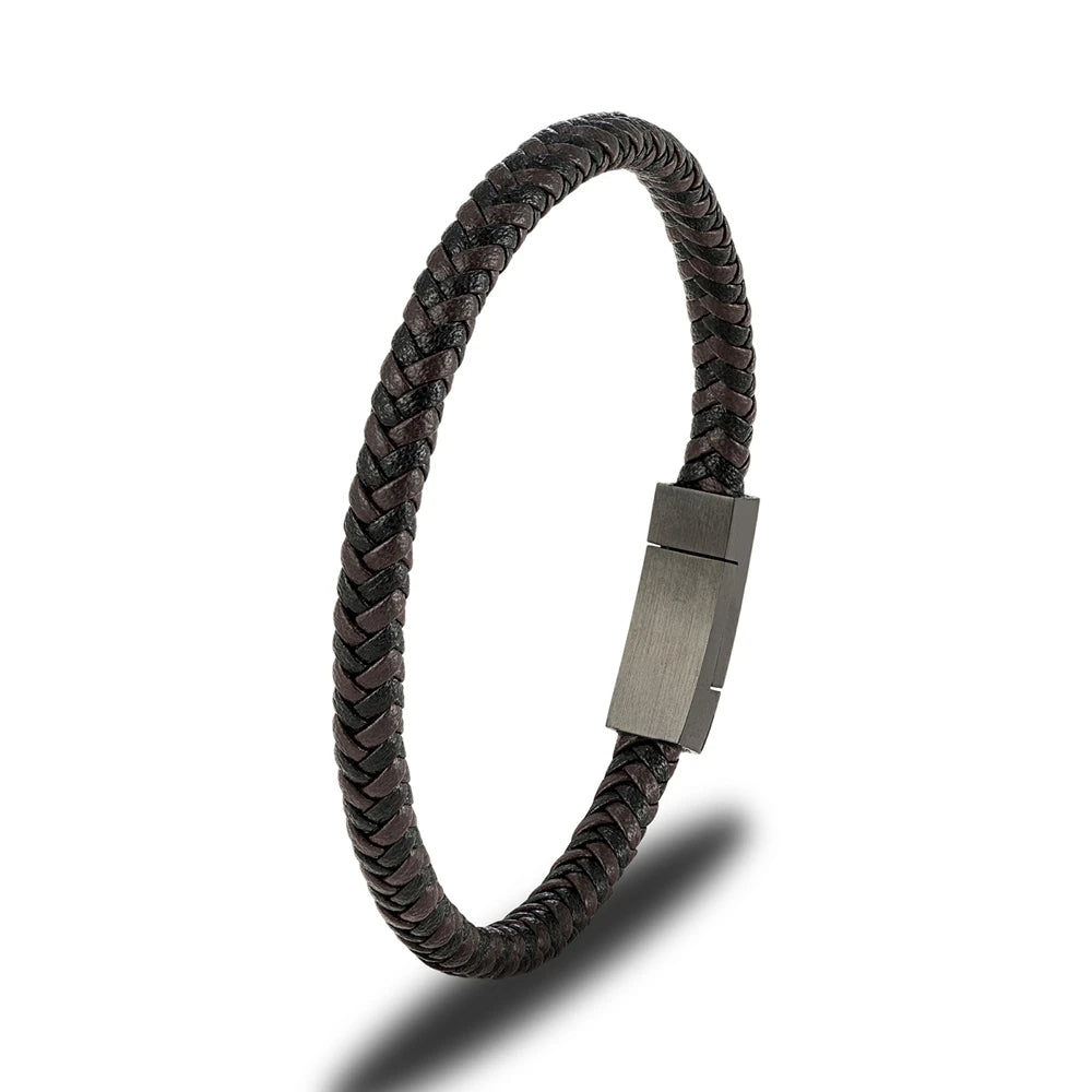 MKENDN Simple Style Men's Black Braided Genuine Leather Bracelet Classic Stainless Steel Handmade Bangles For Men Friend Gift